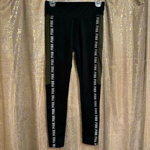 PINK Victorias Secret Black Dark Green Logo Stripe Cozy Leggings Small